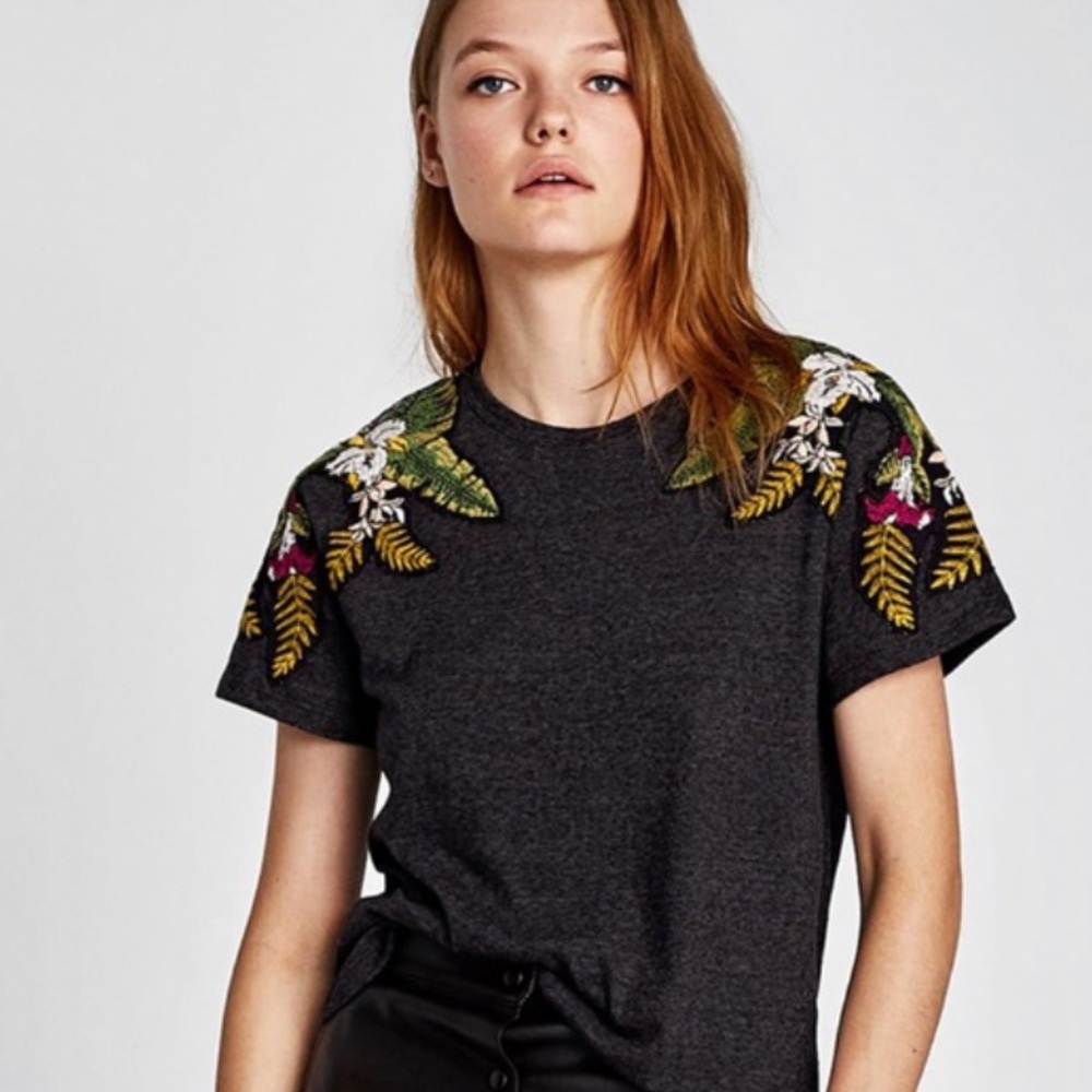 Zara Embroidered Shoulder Tropical Tee